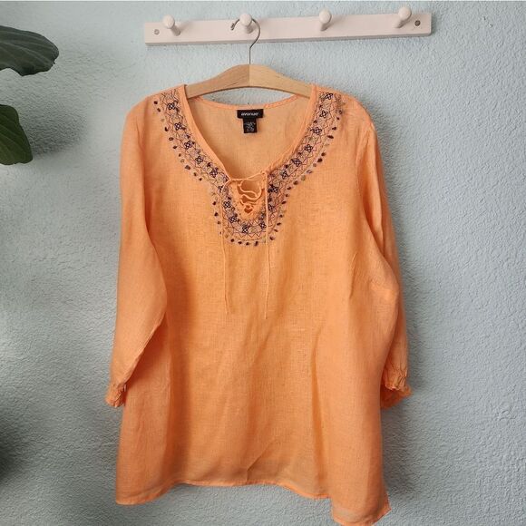 Avenue Tops - Avenue 100% linen sorbet embroidery embellish 3/4 sleeve tunic style blouse